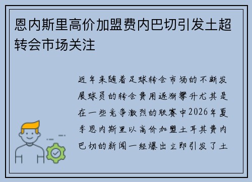 恩内斯里高价加盟费内巴切引发土超转会市场关注