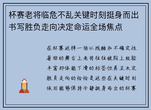 杯赛老将临危不乱关键时刻挺身而出书写胜负走向决定命运全场焦点